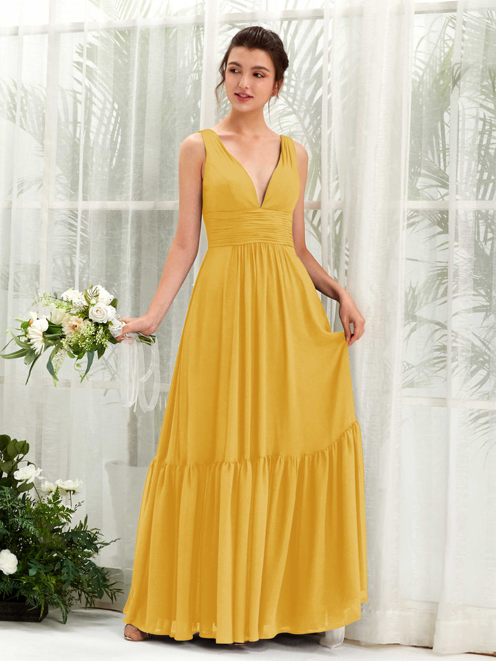 Carlyna A-Linien-Kleid V-Ausschnitt Bodenlang Brautjungfernkleid Senfgelb 