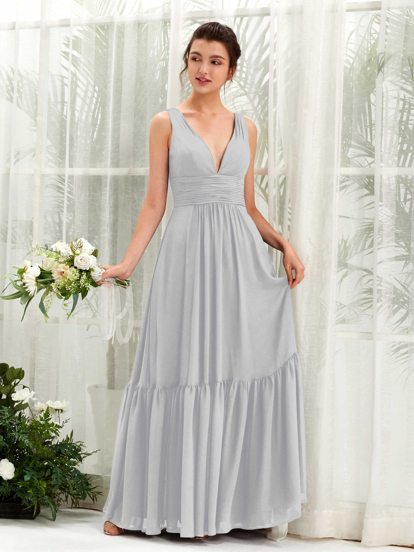 Carlyna A-Linien-Kleid V-Ausschnitt Bodenlang Brautjungfernkleid Silber #farbe_silber