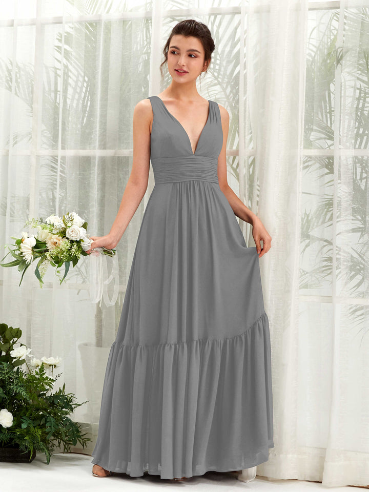 Carlyna A-Linien-Kleid V-Ausschnitt Bodenlang Brautjungfernkleid Stahlgrau 