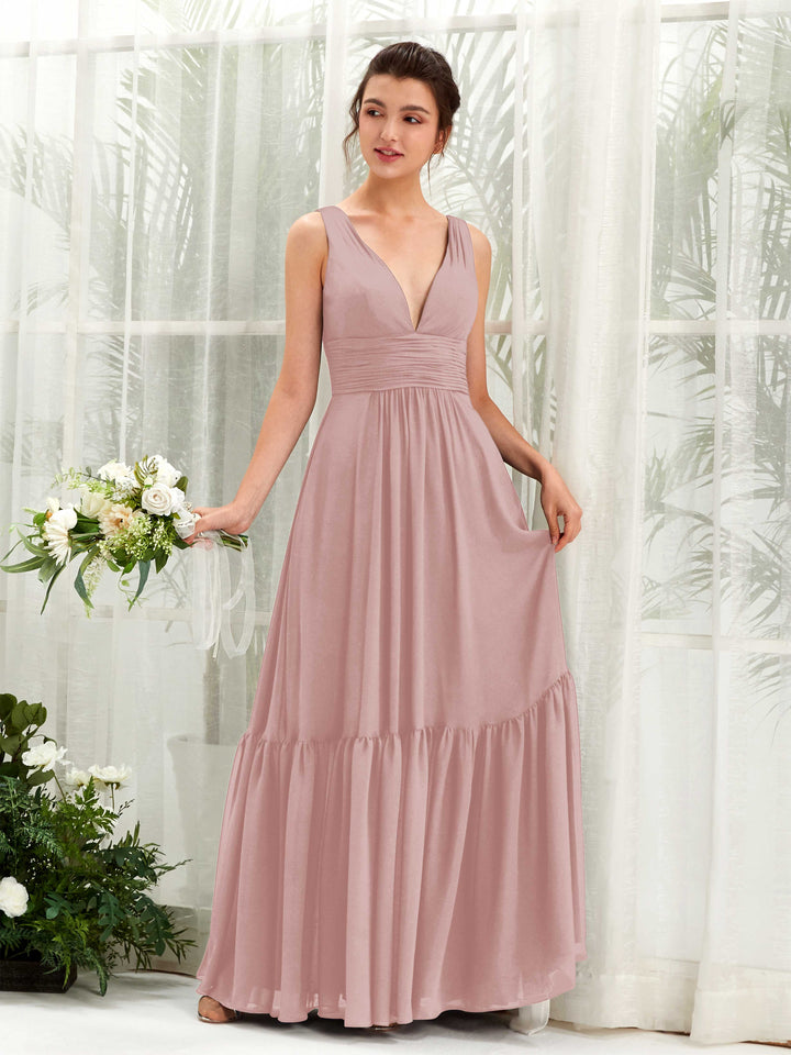 Carlyna A-Linien-Kleid V-Ausschnitt Bodenlang Brautjungfernkleid Staubige Rose 