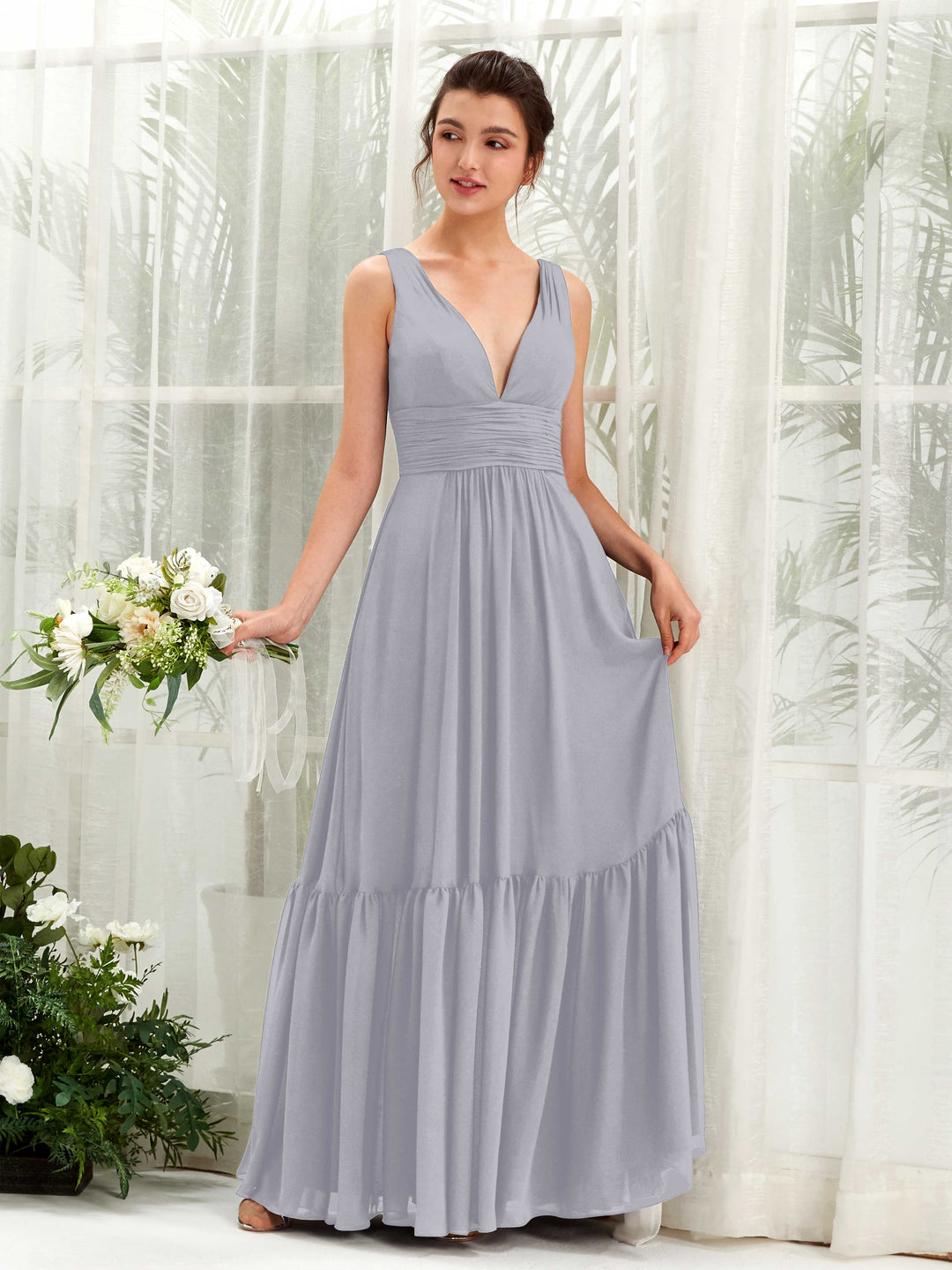 Carlyna A-Linien-Kleid V-Ausschnitt Bodenlang Brautjungfernkleid Staubiger Lavendel 