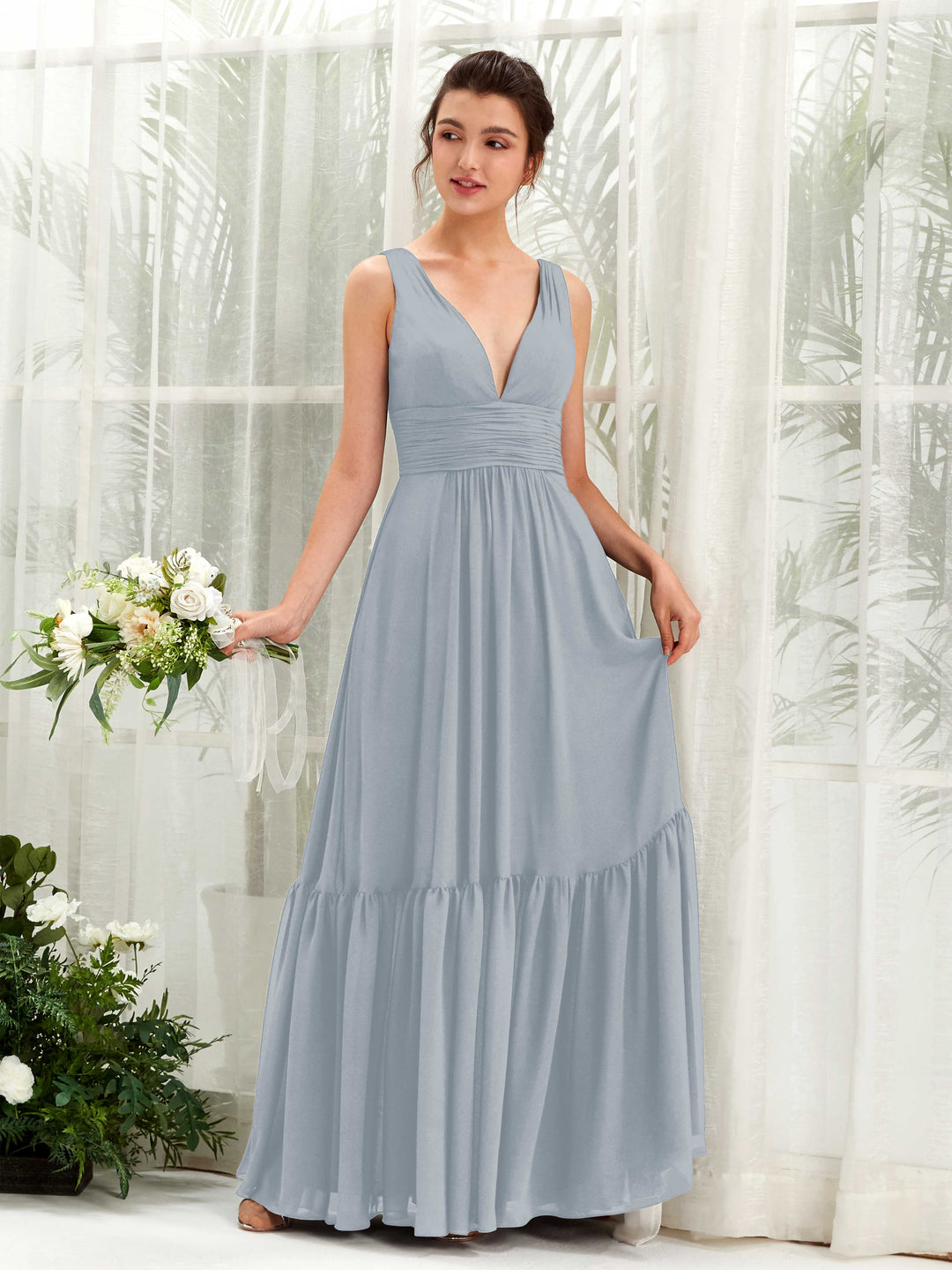 Carlyna A-Linien-Kleid V-Ausschnitt Bodenlang Brautjungfernkleid Staubiges Blau-Upgrade 