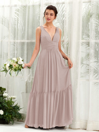 Carlyna A-Linien-Kleid V-Ausschnitt Bodenlang Brautjungfernkleid Taupe #farbe_taupe