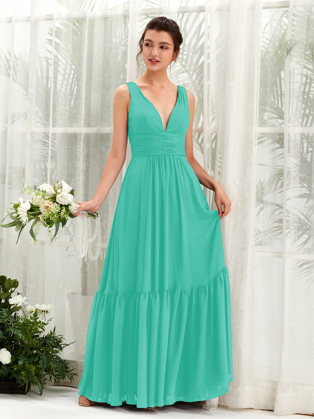 Carlyna A-Linien-Kleid V-Ausschnitt Bodenlang Brautjungfernkleid Tiffany-Blau 
