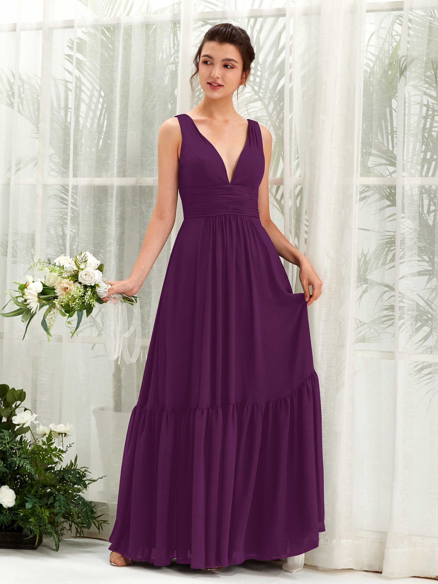 Carlyna A-Linien-Kleid V-Ausschnitt Bodenlang Brautjungfernkleid Traube #farbe_traube