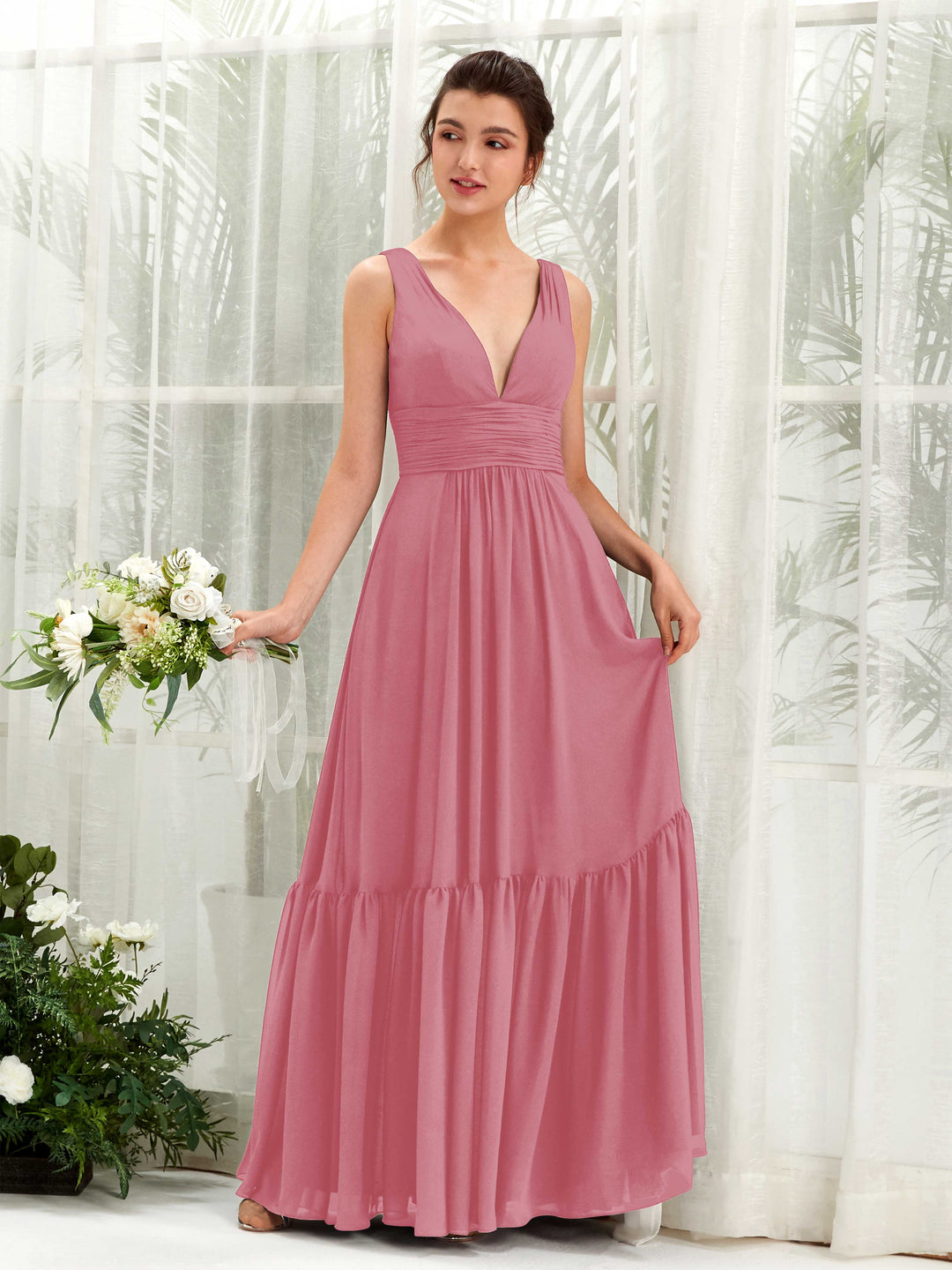 Carlyna A-Linien-Kleid V-Ausschnitt Bodenlang Brautjungfernkleid Wüstenrose 