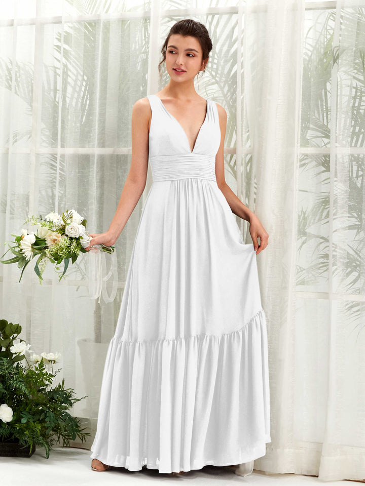 Carlyna A-Linien-Kleid V-Ausschnitt Bodenlang Brautjungfernkleid Weiß 