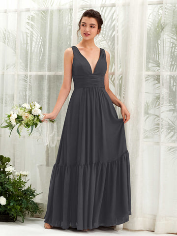 Carlyna A-Linien-Kleid V-Ausschnitt Bodenlang Brautjungfernkleid Zinnfarben #farbe_zinnfarben