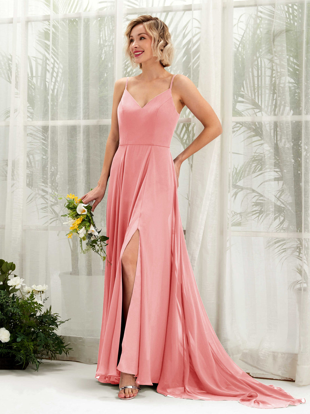 Carlyna A-Linien-Kleid V-Ausschnitt Bodenlang Chiffon Brautjungfernkleid Ballettrosa 