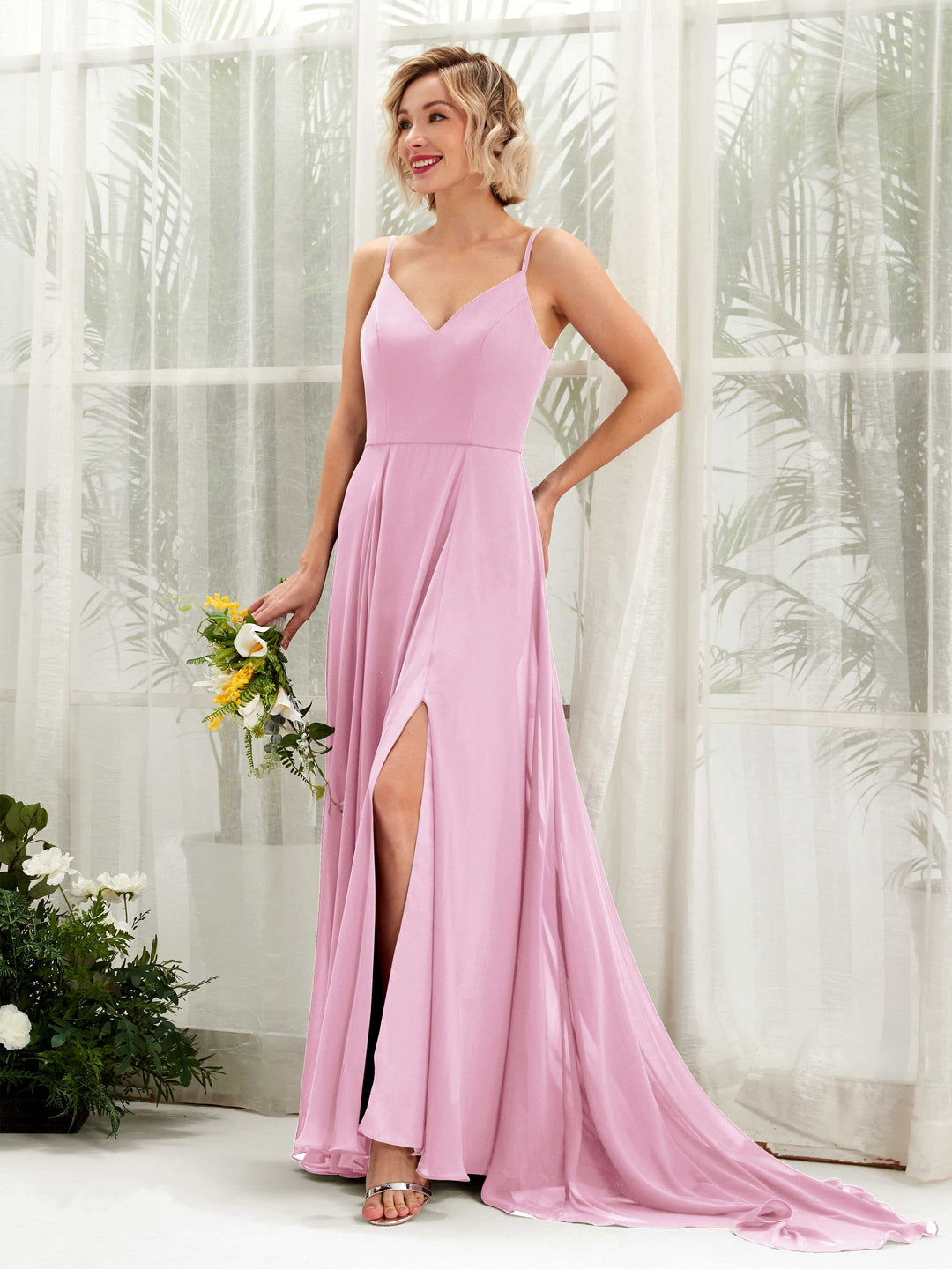 Carlyna A-Linien-Kleid V-Ausschnitt Bodenlang Chiffon Brautjungfernkleid Bonbonrosa 