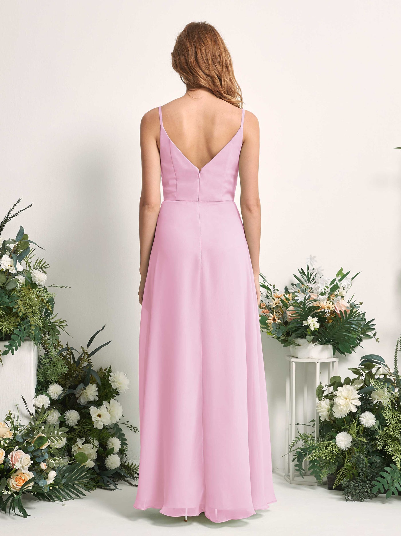 Carlyna A-Linien-Kleid V-Ausschnitt bodenlang Chiffon Brautjungfernkleid Bonbonrosa #farbe_bonbonrosa