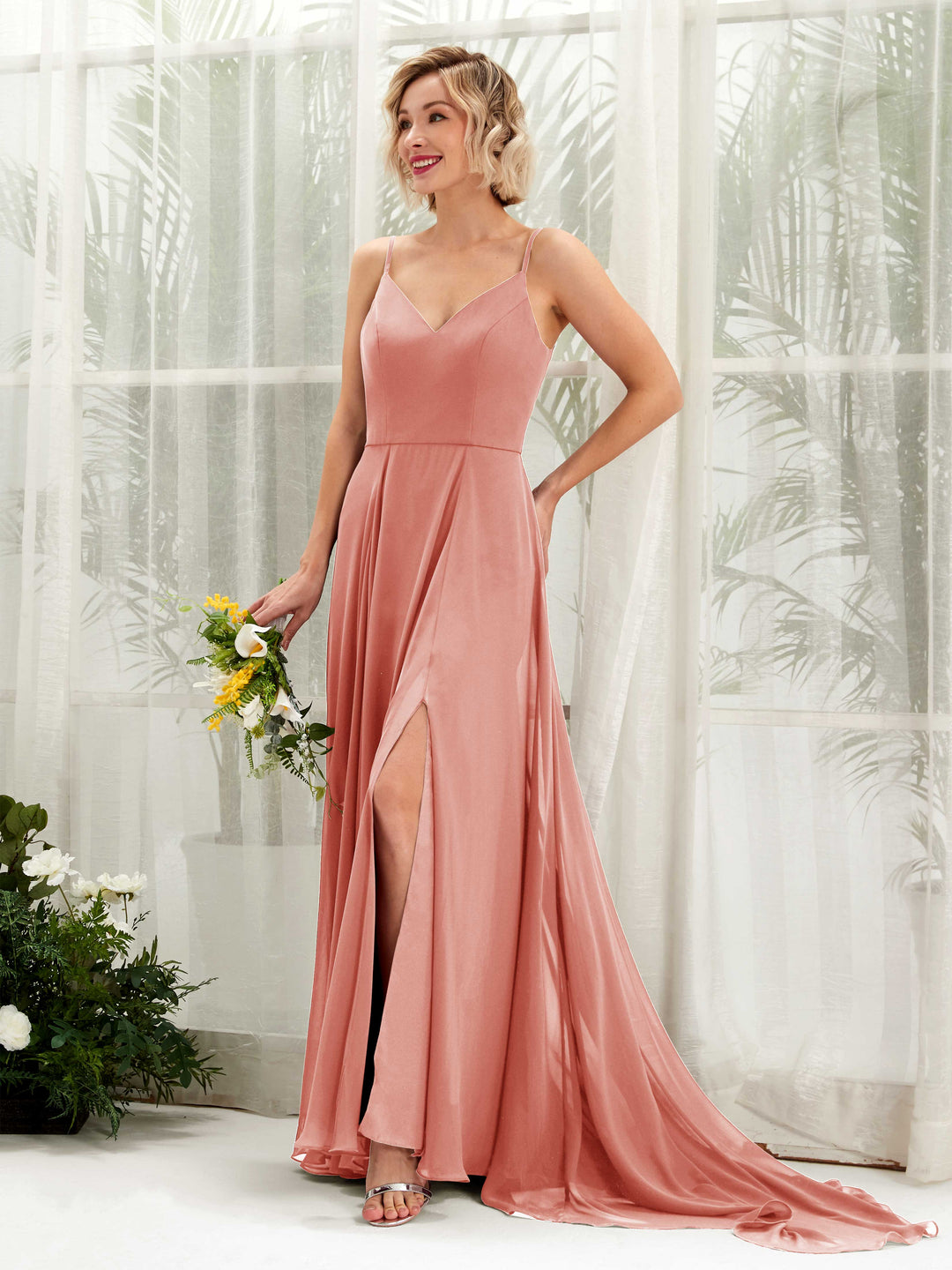 Carlyna A-Linien-Kleid V-Ausschnitt Bodenlang Chiffon Brautjungfernkleid Champagner-Rose 