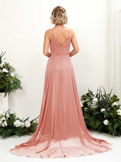 Carlyna A-Linien-Kleid V-Ausschnitt Bodenlang Chiffon Brautjungfernkleid Champagner-Rose #farbe_champagner-rose