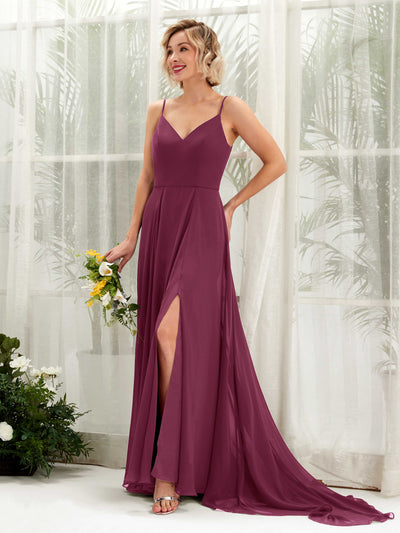 Carlyna A-Linien-Kleid V-Ausschnitt Bodenlang Chiffon Brautjungfernkleid Chianti #farbe_chianti