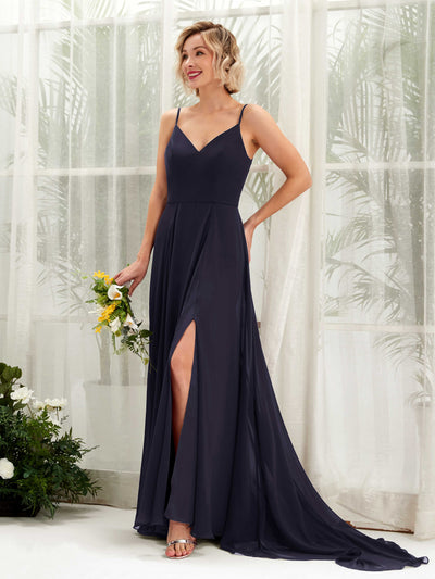 Carlyna A-Linien-Kleid V-Ausschnitt Bodenlang Chiffon Brautjungfernkleid Dunkel Marineblau #farbe_dunkel-marineblau