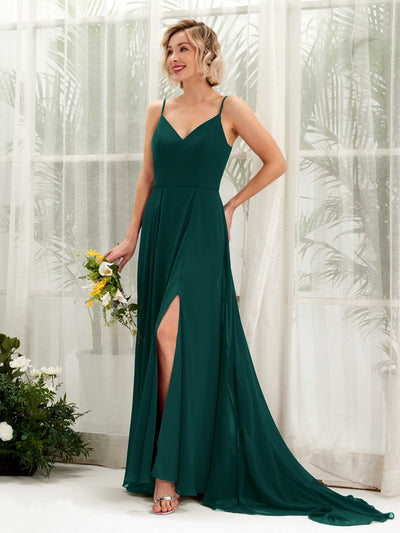 Carlyna A-Linien-Kleid V-Ausschnitt Bodenlang Chiffon Brautjungfernkleid Dunkelsmaragd #farbe_dunkelsmaragd