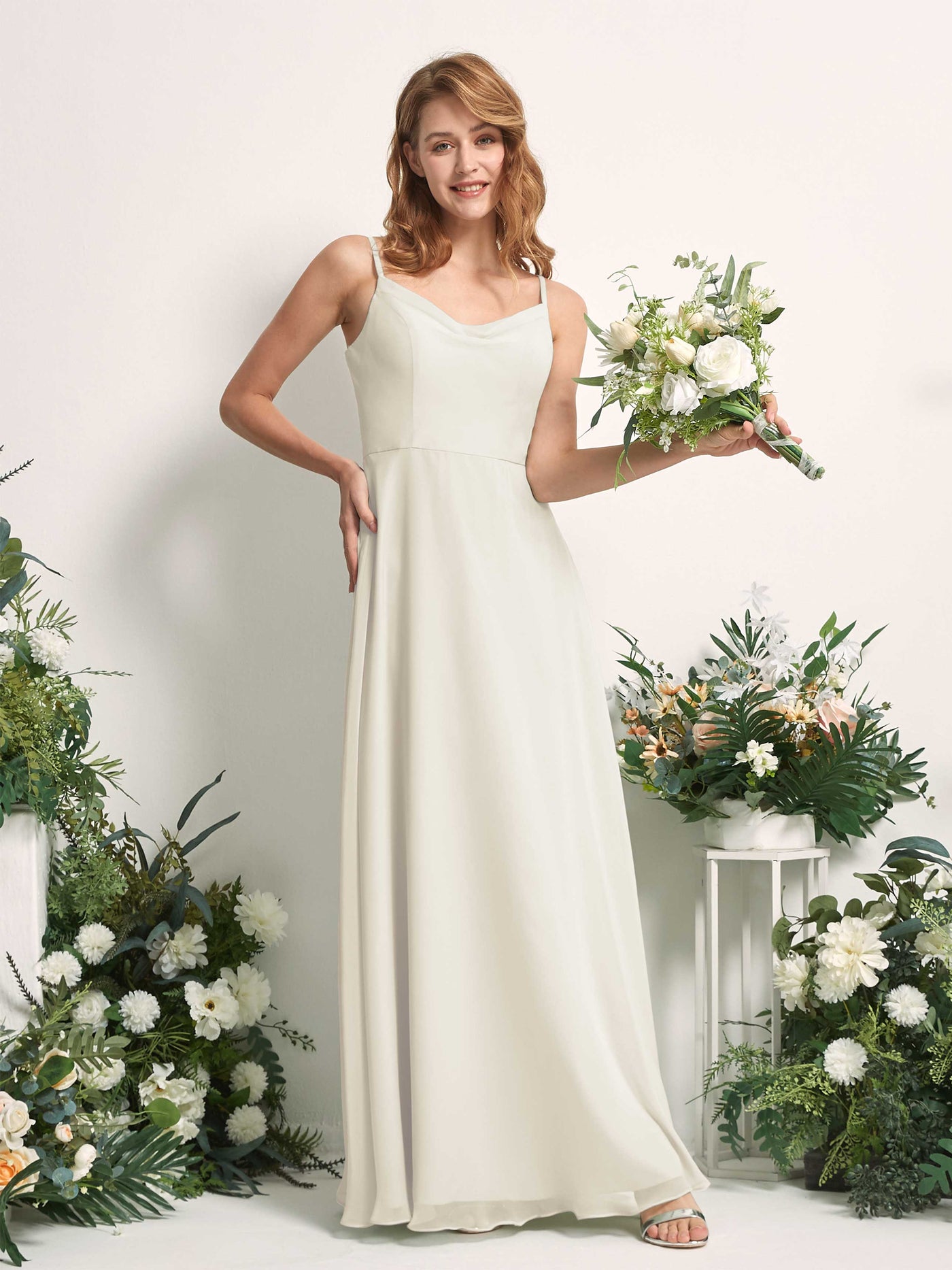 Carlyna A-Linien-Kleid V-Ausschnitt bodenlang Chiffon Brautjungfernkleid Elfenbein #farbe_elfenbein