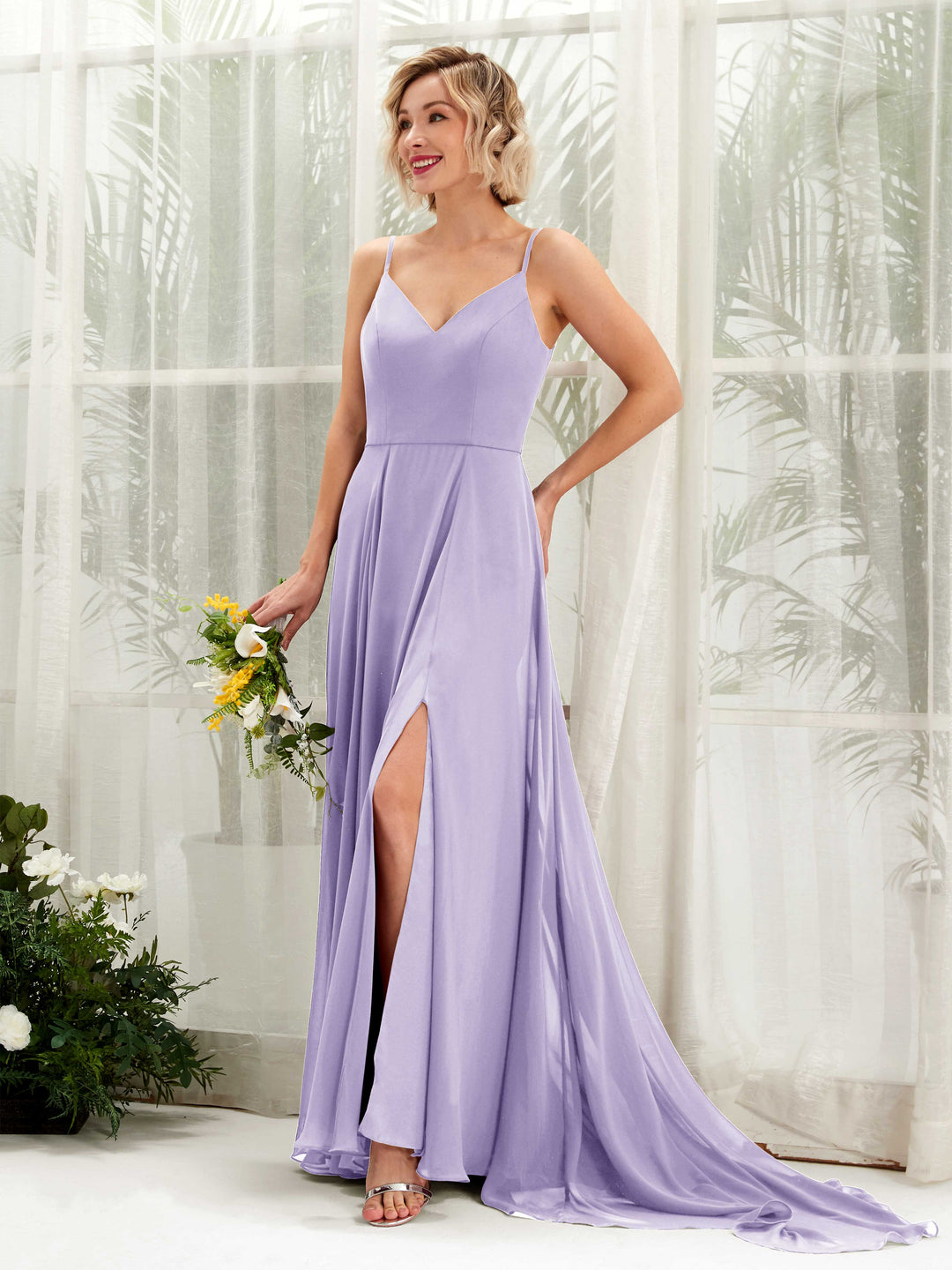 Carlyna A-Linien-Kleid V-Ausschnitt Bodenlang Chiffon Brautjungfernkleid Flieder 