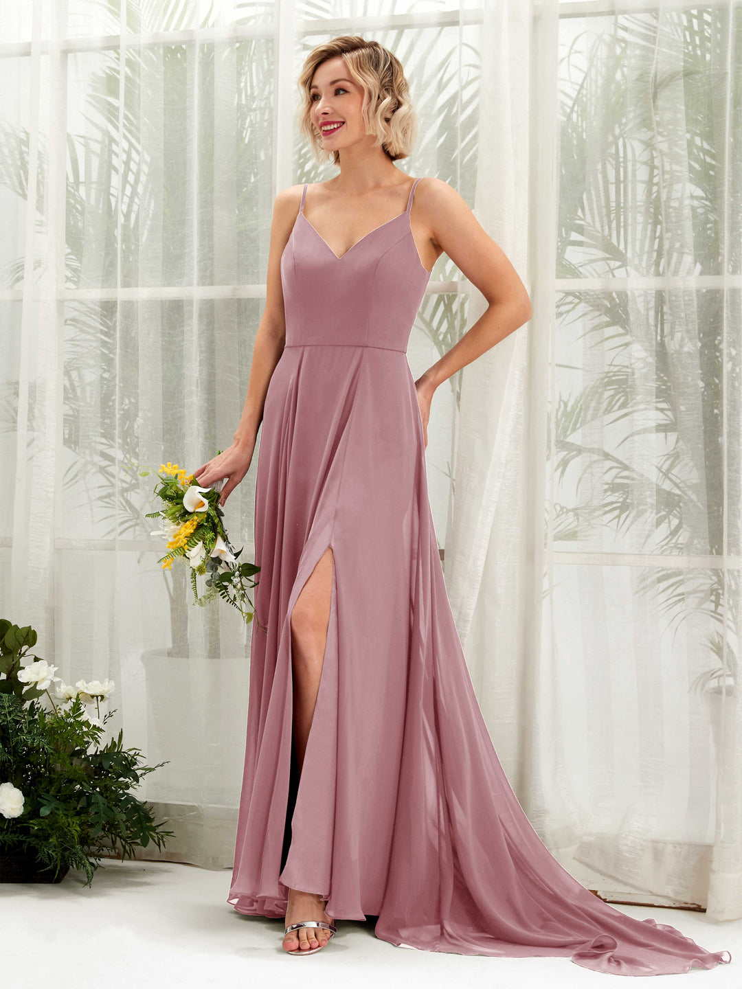 Carlyna A-Linien-Kleid V-Ausschnitt Bodenlang Chiffon Brautjungfernkleid Klassisch Mauve 