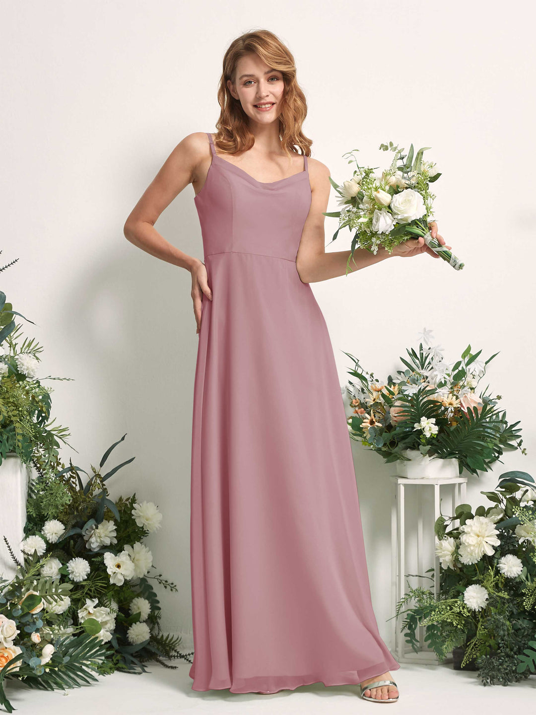 Carlyna A-Linien-Kleid V-Ausschnitt bodenlang Chiffon Brautjungfernkleid Klassisch Mauve 