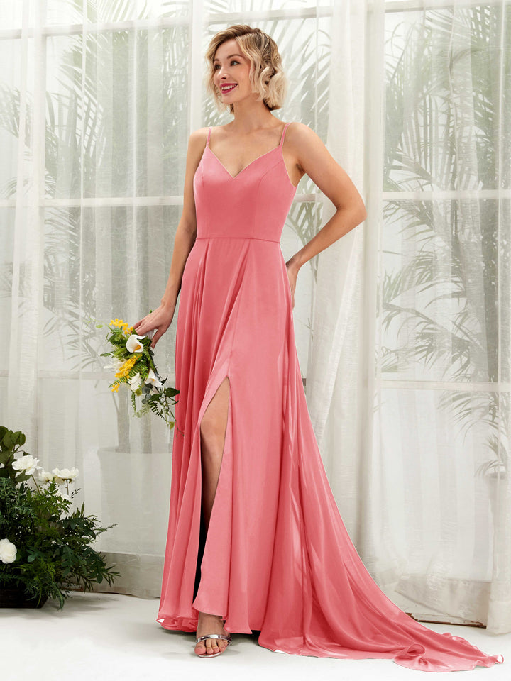 Carlyna A-Linien-Kleid V-Ausschnitt Bodenlang Chiffon Brautjungfernkleid Korallenrosa 
