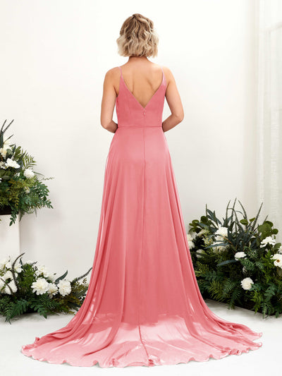 Carlyna A-Linien-Kleid V-Ausschnitt Bodenlang Chiffon Brautjungfernkleid Korallenrosa #farbe_korallenrosa