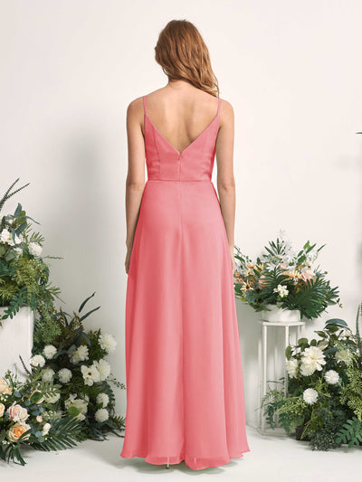 Carlyna A-Linien-Kleid V-Ausschnitt bodenlang Chiffon Brautjungfernkleid Korallenrosa #farbe_korallenrosa