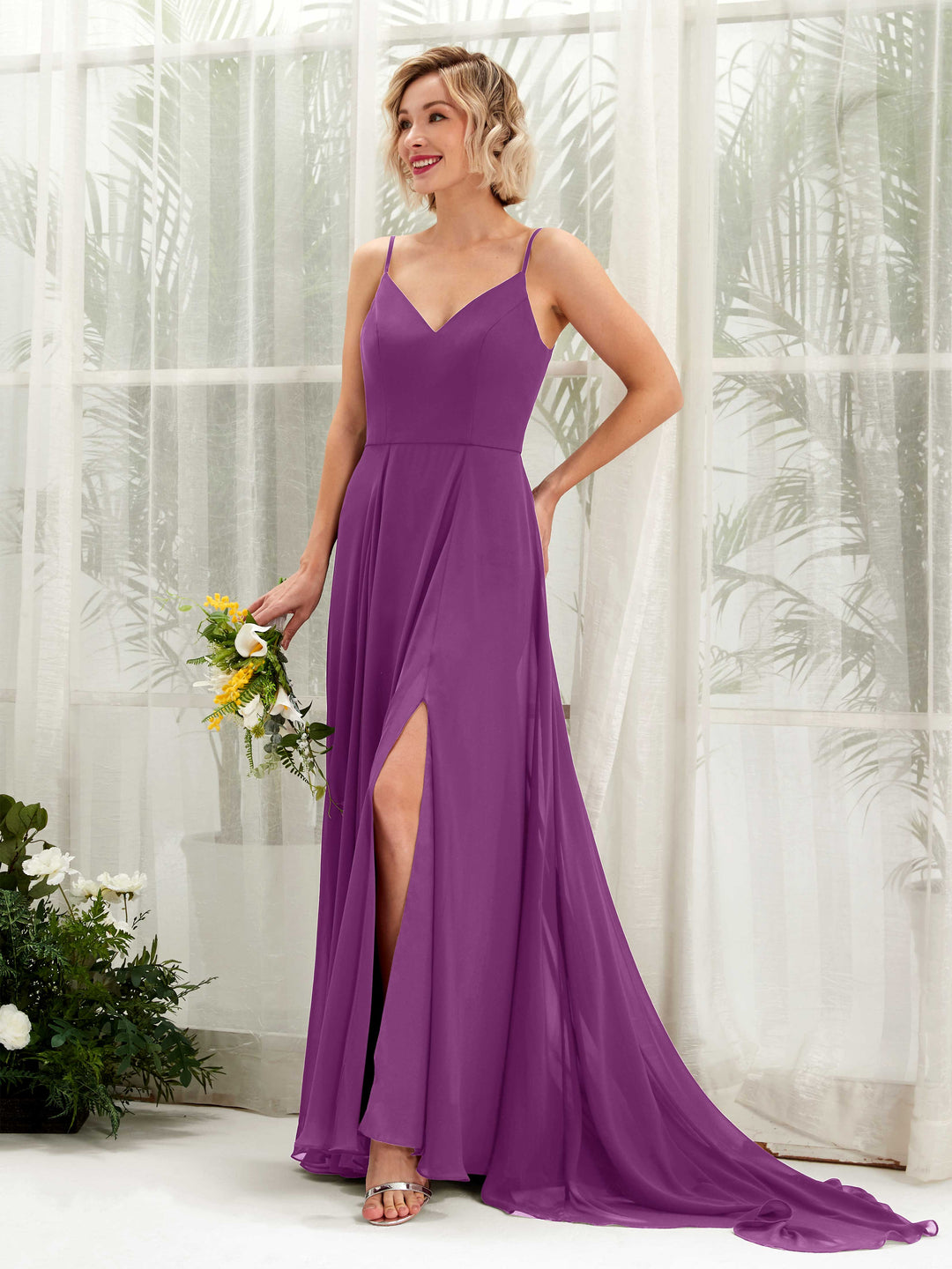 Carlyna A-Linien-Kleid V-Ausschnitt Bodenlang Chiffon Brautjungfernkleid Lila 