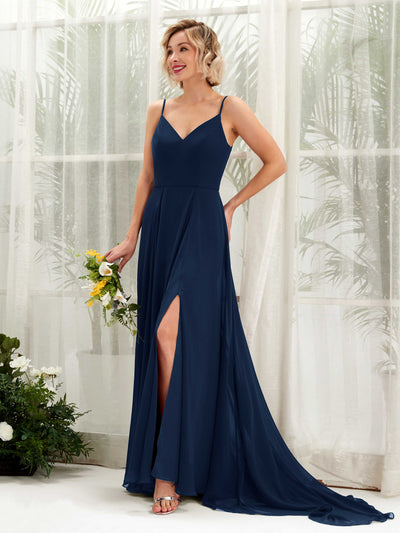 Carlyna A-Linien-Kleid V-Ausschnitt Bodenlang Chiffon Brautjungfernkleid Marineblau #farbe_marineblau