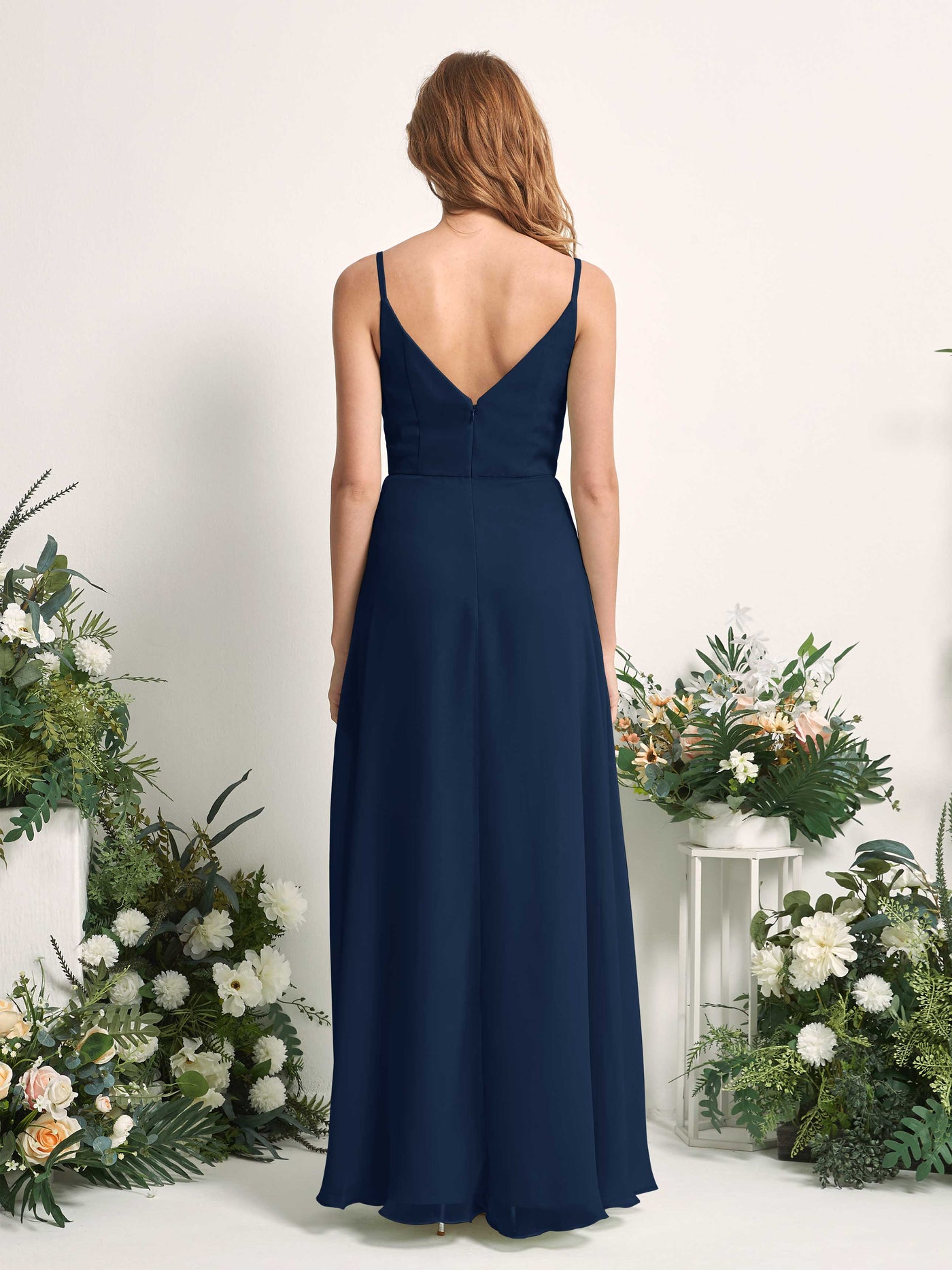 Carlyna A-Linien-Kleid V-Ausschnitt bodenlang Chiffon Brautjungfernkleid Marineblau #farbe_marineblau