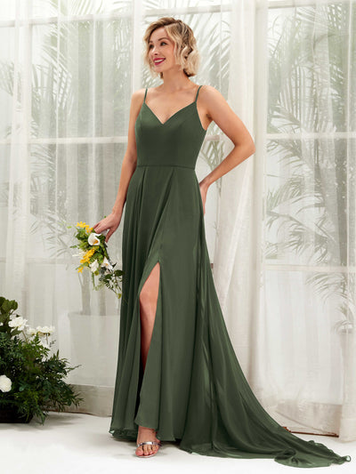 Carlyna A-Linien-Kleid V-Ausschnitt Bodenlang Chiffon Brautjungfernkleid Martini-Olive #farbe_martini-olive