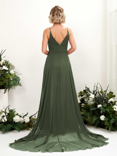 Carlyna A-Linien-Kleid V-Ausschnitt Bodenlang Chiffon Brautjungfernkleid Martini-Olive #farbe_martini-olive