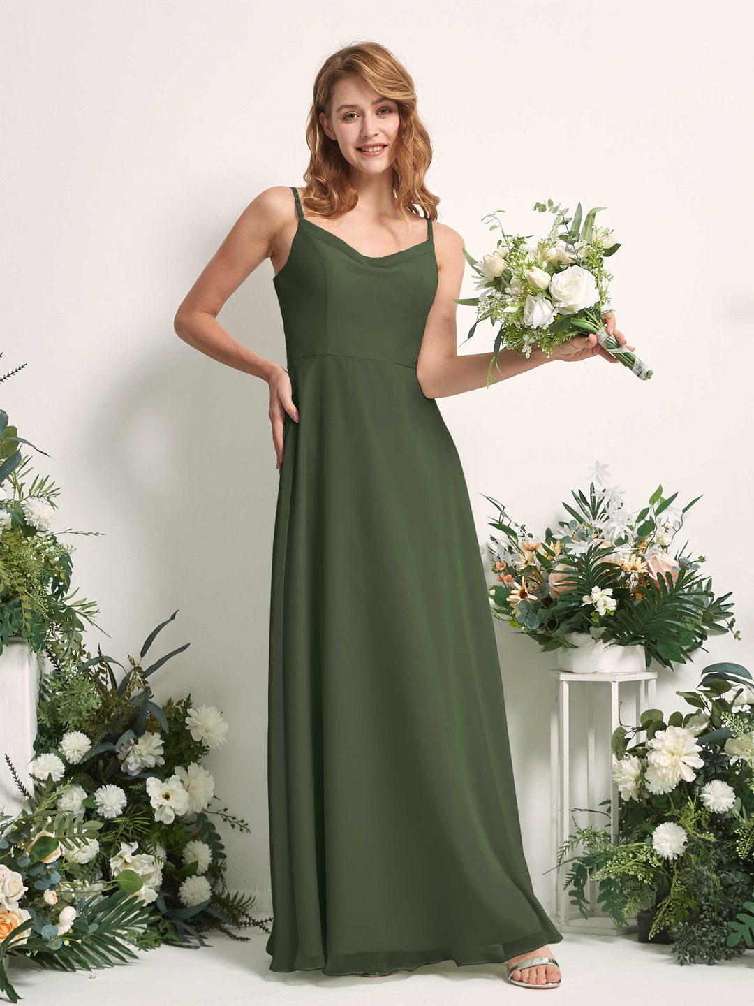 Carlyna A-Linien-Kleid V-Ausschnitt bodenlang Chiffon Brautjungfernkleid Martini-Olive 