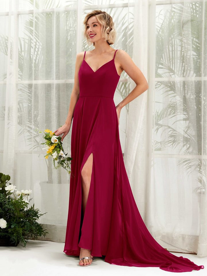 Carlyna A-Linien-Kleid V-Ausschnitt Bodenlang Chiffon Brautjungfernkleid Narrenrot 