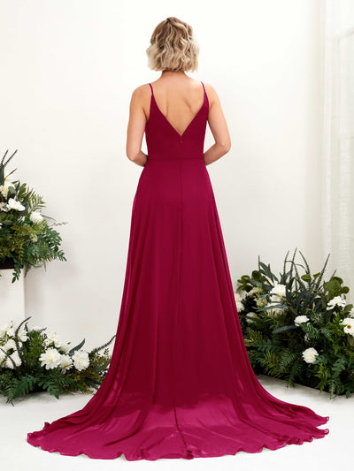 Carlyna A-Linien-Kleid V-Ausschnitt Bodenlang Chiffon Brautjungfernkleid Narrenrot #farbe_narrenrot