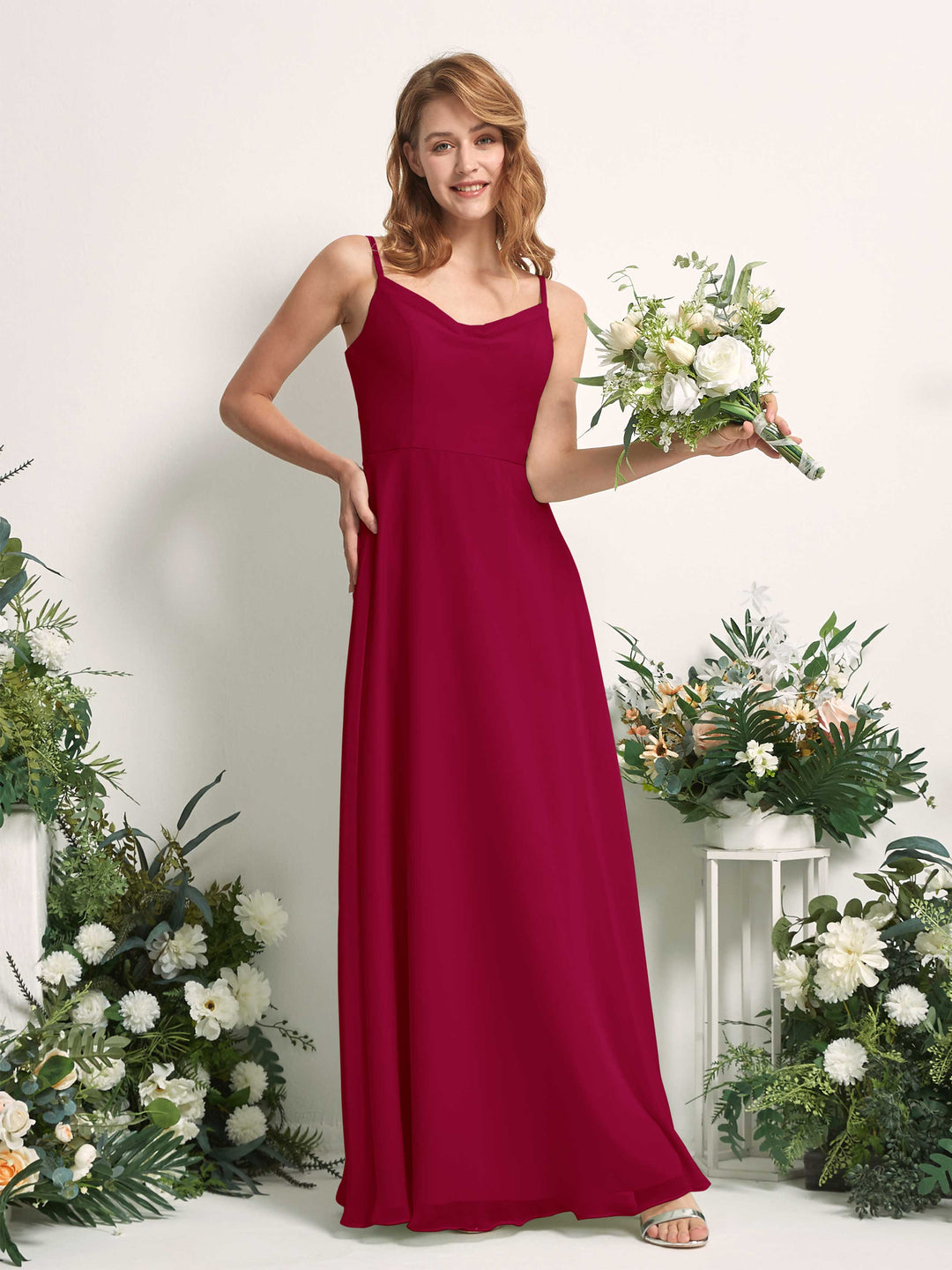 Carlyna A-Linien-Kleid V-Ausschnitt bodenlang Chiffon Brautjungfernkleid Narrenrot 