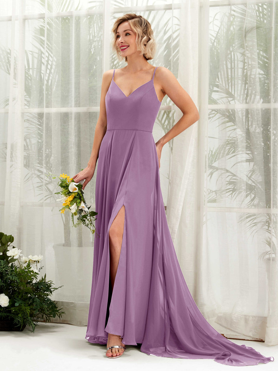 Carlyna A-Linien-Kleid V-Ausschnitt Bodenlang Chiffon Brautjungfernkleid Orchideen-Nebel 