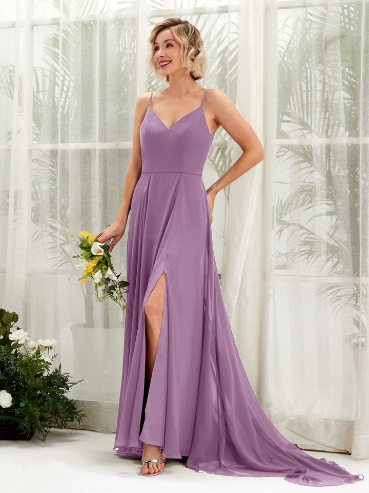 Carlyna A-Linien-Kleid V-Ausschnitt Bodenlang Chiffon Brautjungfernkleid Orchideen-Nebel 