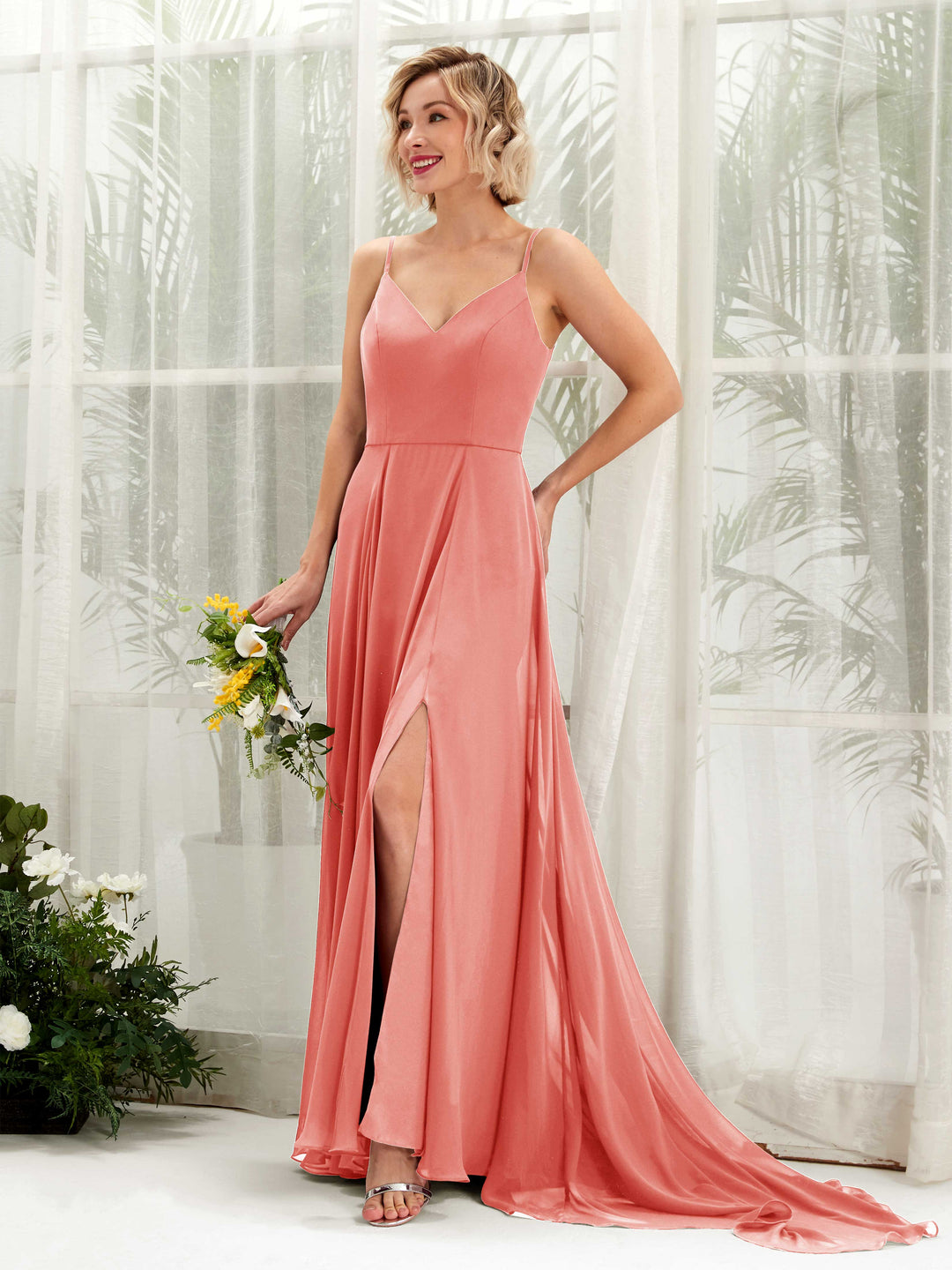 Carlyna A-Linien-Kleid V-Ausschnitt Bodenlang Chiffon Brautjungfernkleid Pfirsichrosa 