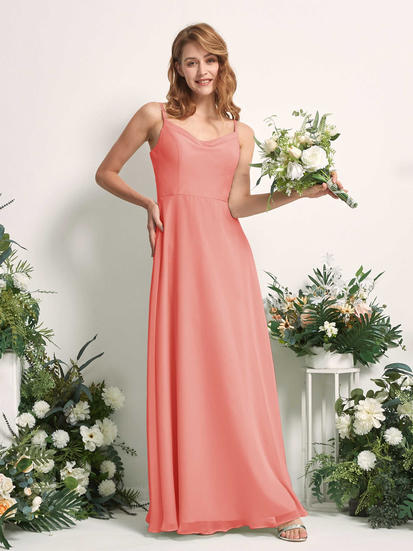 Carlyna A-Linien-Kleid V-Ausschnitt bodenlang Chiffon Brautjungfernkleid Pfirsichrosa #farbe_pfirsichrosa