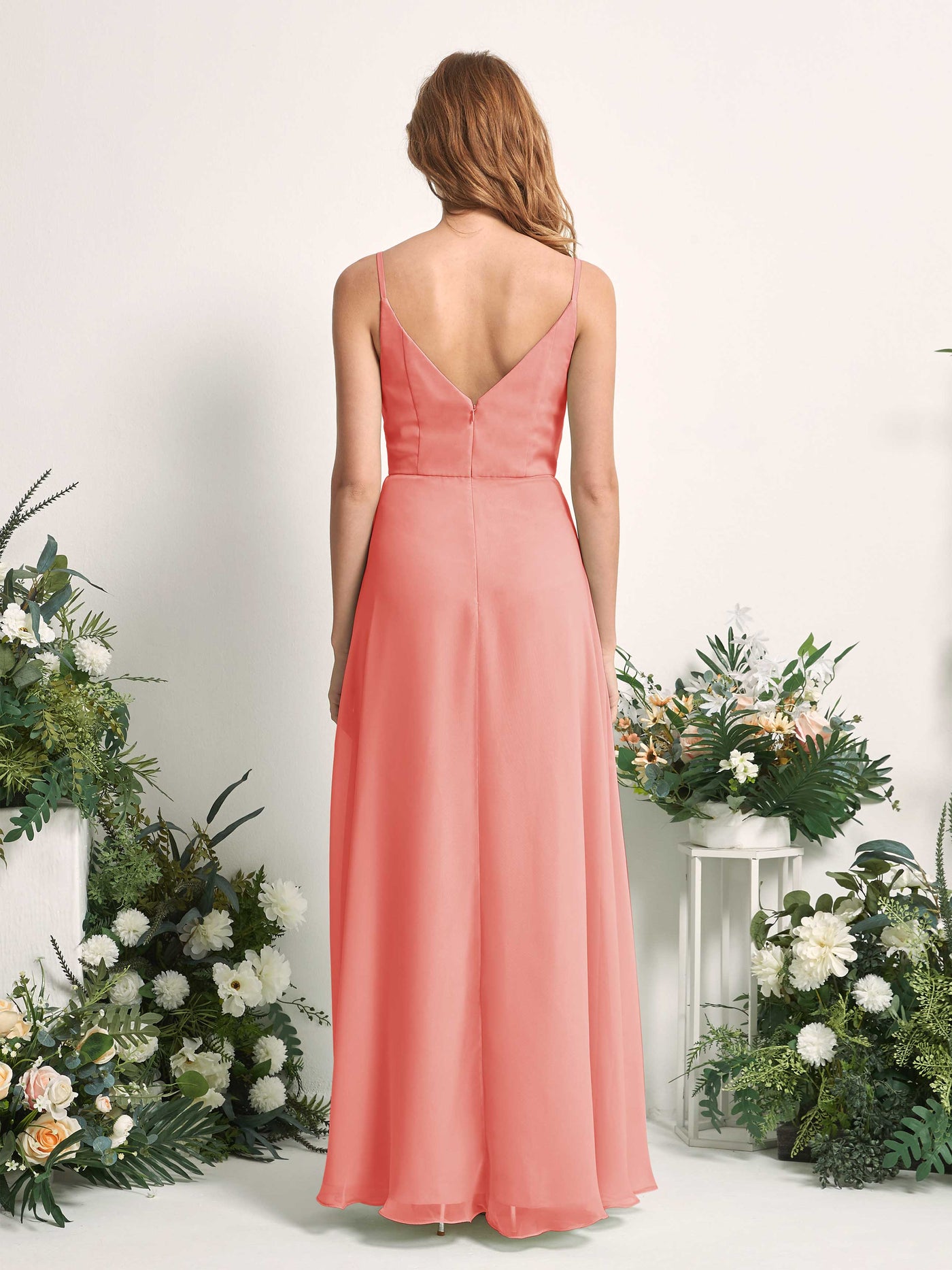 Carlyna A-Linien-Kleid V-Ausschnitt bodenlang Chiffon Brautjungfernkleid Pfirsichrosa #farbe_pfirsichrosa