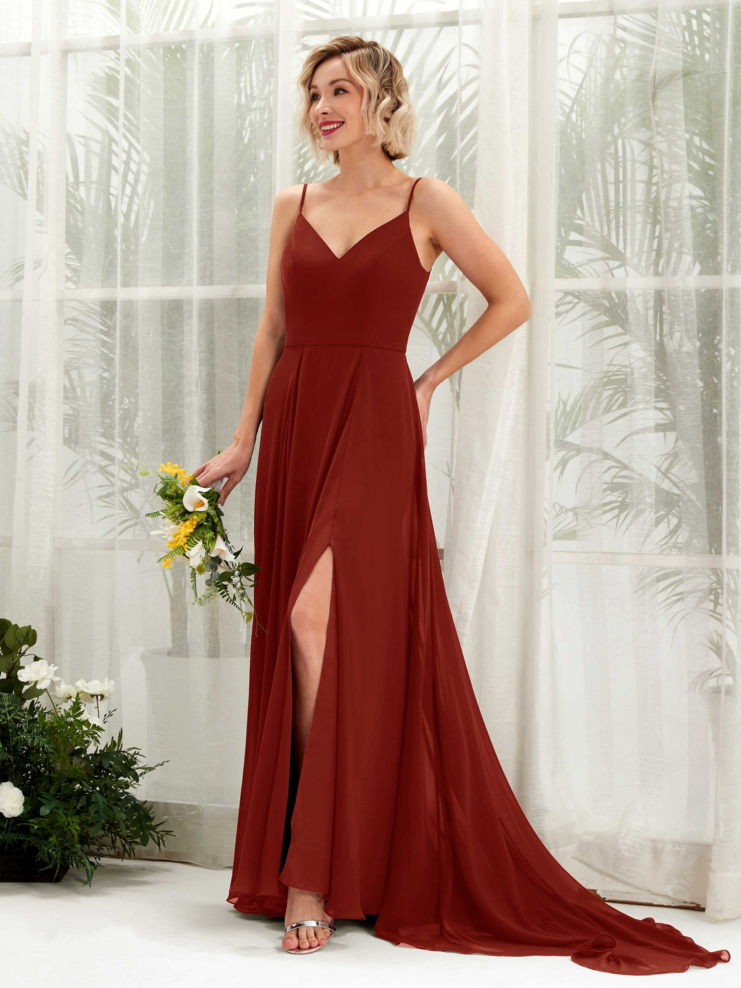Carlyna A-Linien-Kleid V-Ausschnitt Bodenlang Chiffon Brautjungfernkleid Rostrot 