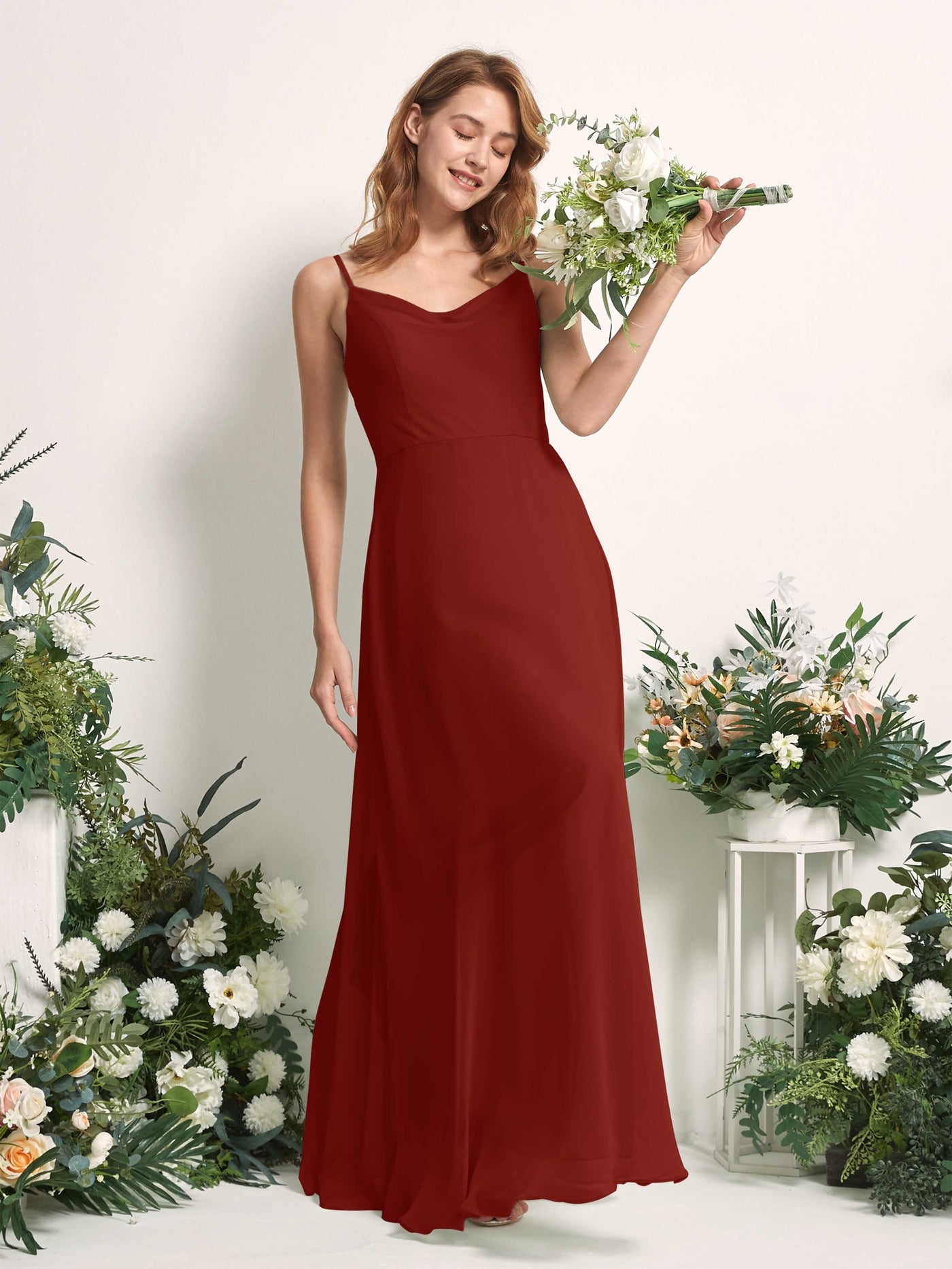 Carlyna A-Linien-Kleid V-Ausschnitt bodenlang Chiffon Brautjungfernkleid Rostrot #farbe_rostrot