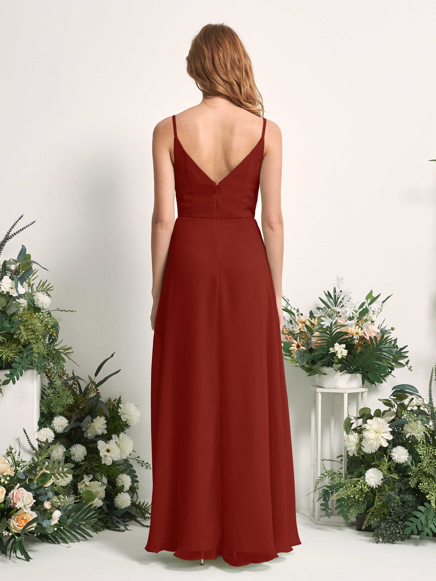 Carlyna A-Linien-Kleid V-Ausschnitt bodenlang Chiffon Brautjungfernkleid Rostrot #farbe_rostrot