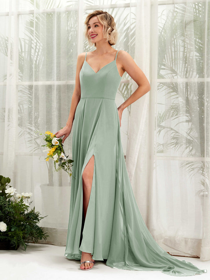 Carlyna A-Linien-Kleid V-Ausschnitt Bodenlang Chiffon Brautjungfernkleid Salbeigrün 