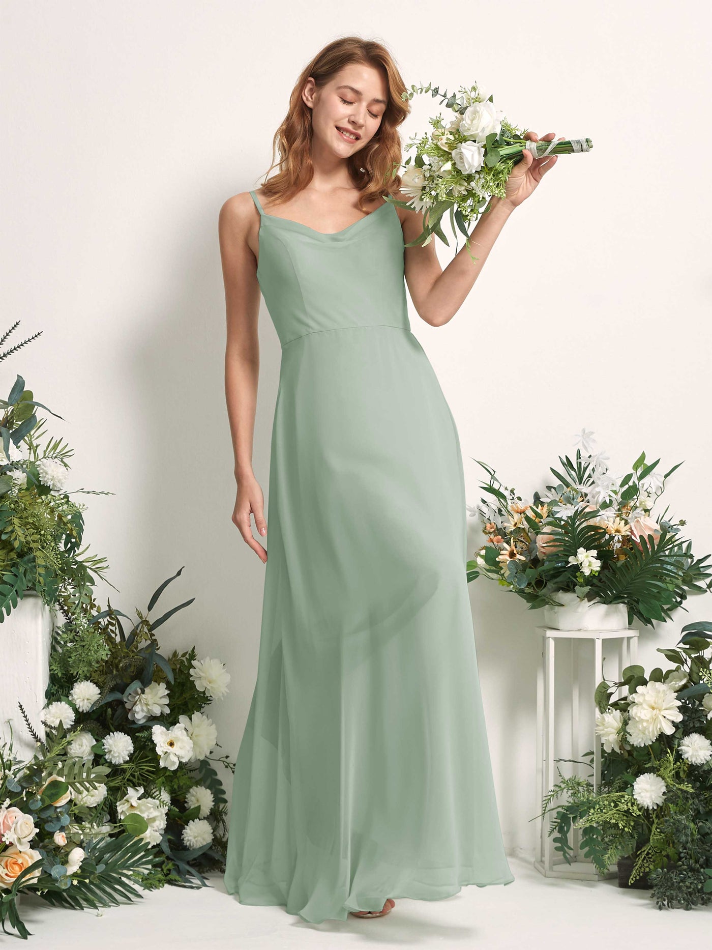 Carlyna A-Linien-Kleid V-Ausschnitt bodenlang Chiffon Brautjungfernkleid Salbeigrün #farbe_salbeigr-n