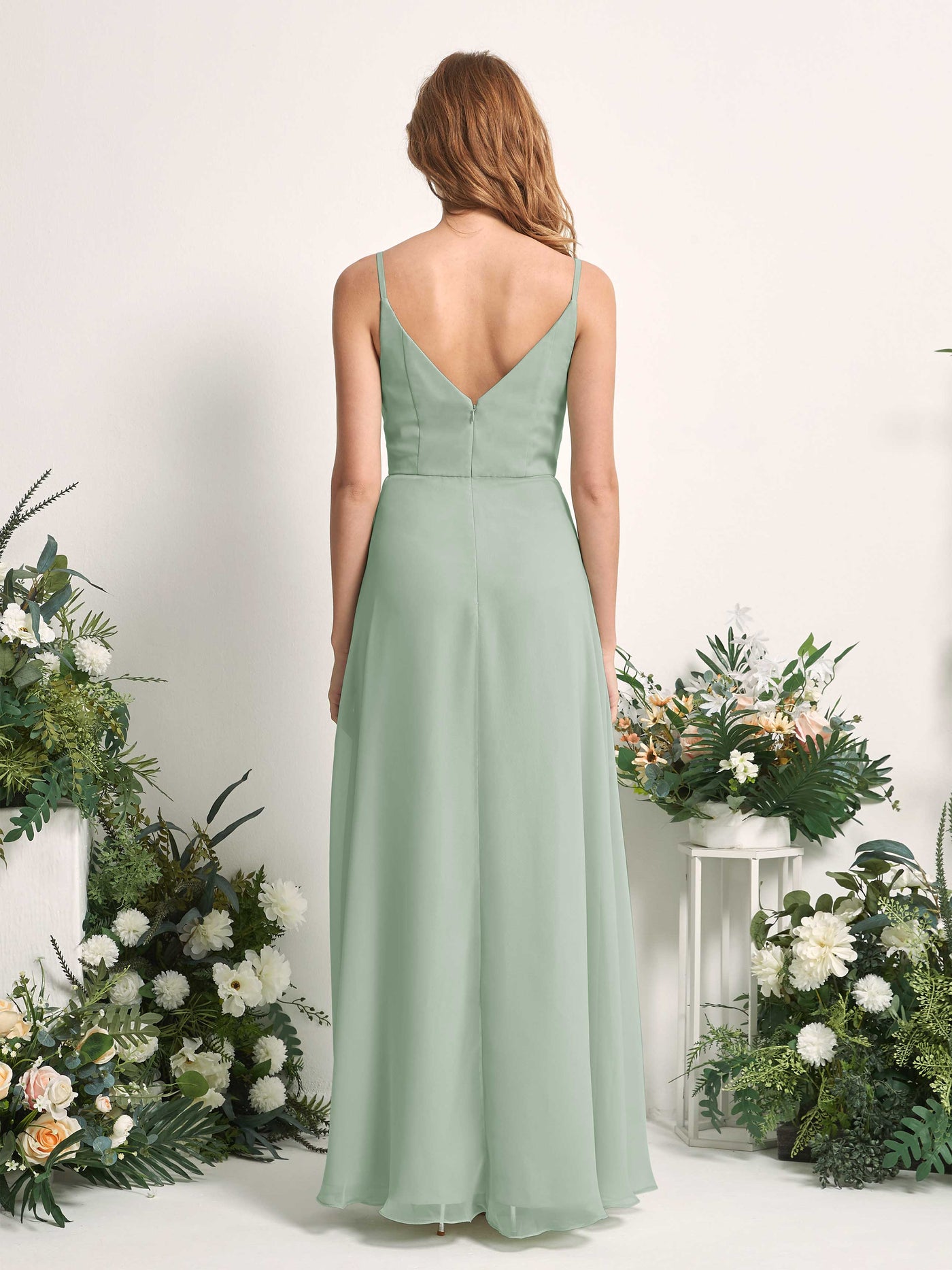 Carlyna A-Linien-Kleid V-Ausschnitt bodenlang Chiffon Brautjungfernkleid Salbeigrün #farbe_salbeigr-n