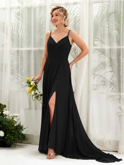 Carlyna A-Linien-Kleid V-Ausschnitt Bodenlang Chiffon Brautjungfernkleid Schwarz #farbe_schwarz