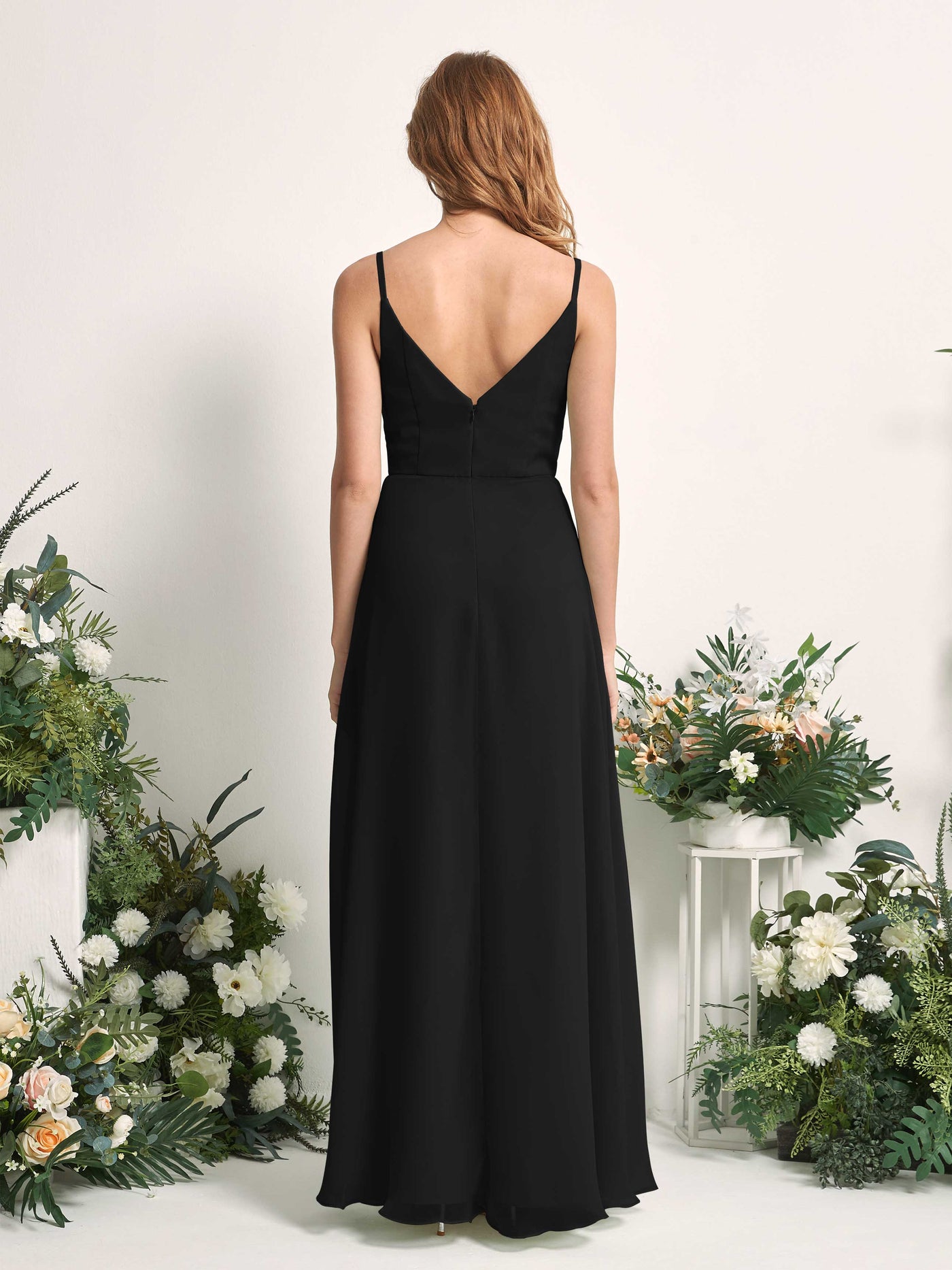 Carlyna A-Linien-Kleid V-Ausschnitt bodenlang Chiffon Brautjungfernkleid Schwarz #farbe_schwarz