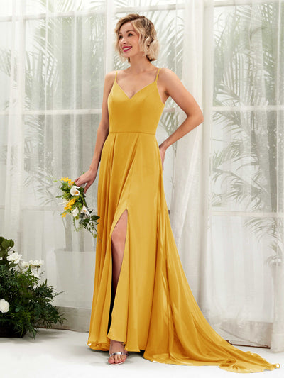 Carlyna A-Linien-Kleid V-Ausschnitt Bodenlang Chiffon Brautjungfernkleid Senfgelb #farbe_senfgelb